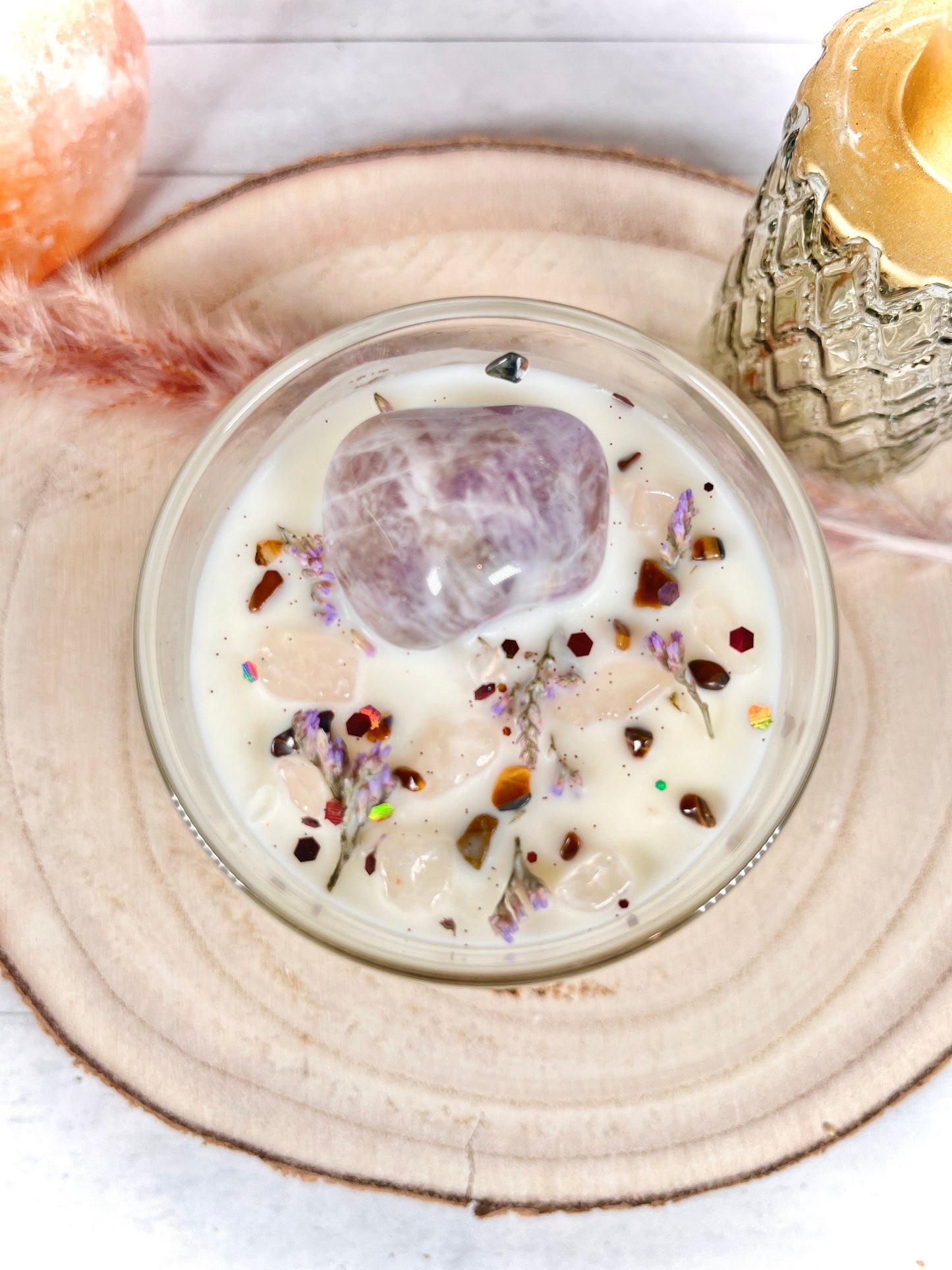 Duftkerze im Glas • Edelsteinkerze • Amethyst, Rosenquarz, Tigerauge • Sojawachskerze