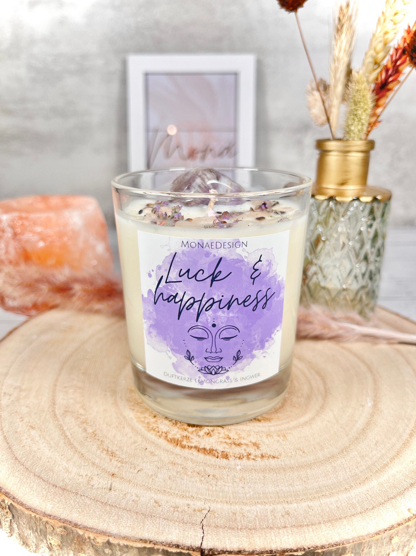 Duftkerze im Glas • Edelsteinkerze • Amethyst, Rosenquarz, Tigerauge • Sojawachskerze