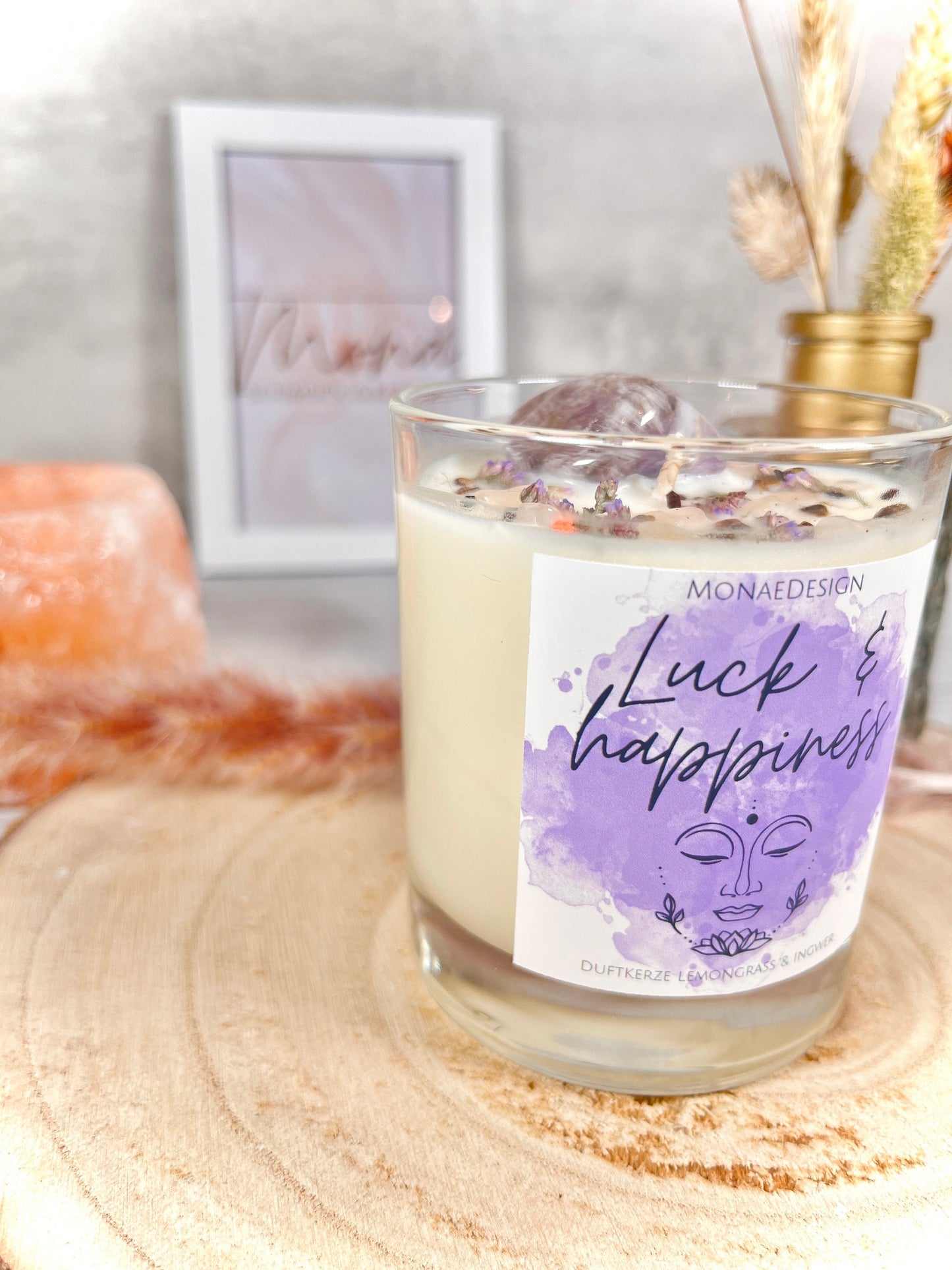 Duftkerze im Glas • Edelsteinkerze • Amethyst, Rosenquarz, Tigerauge • Sojawachskerze