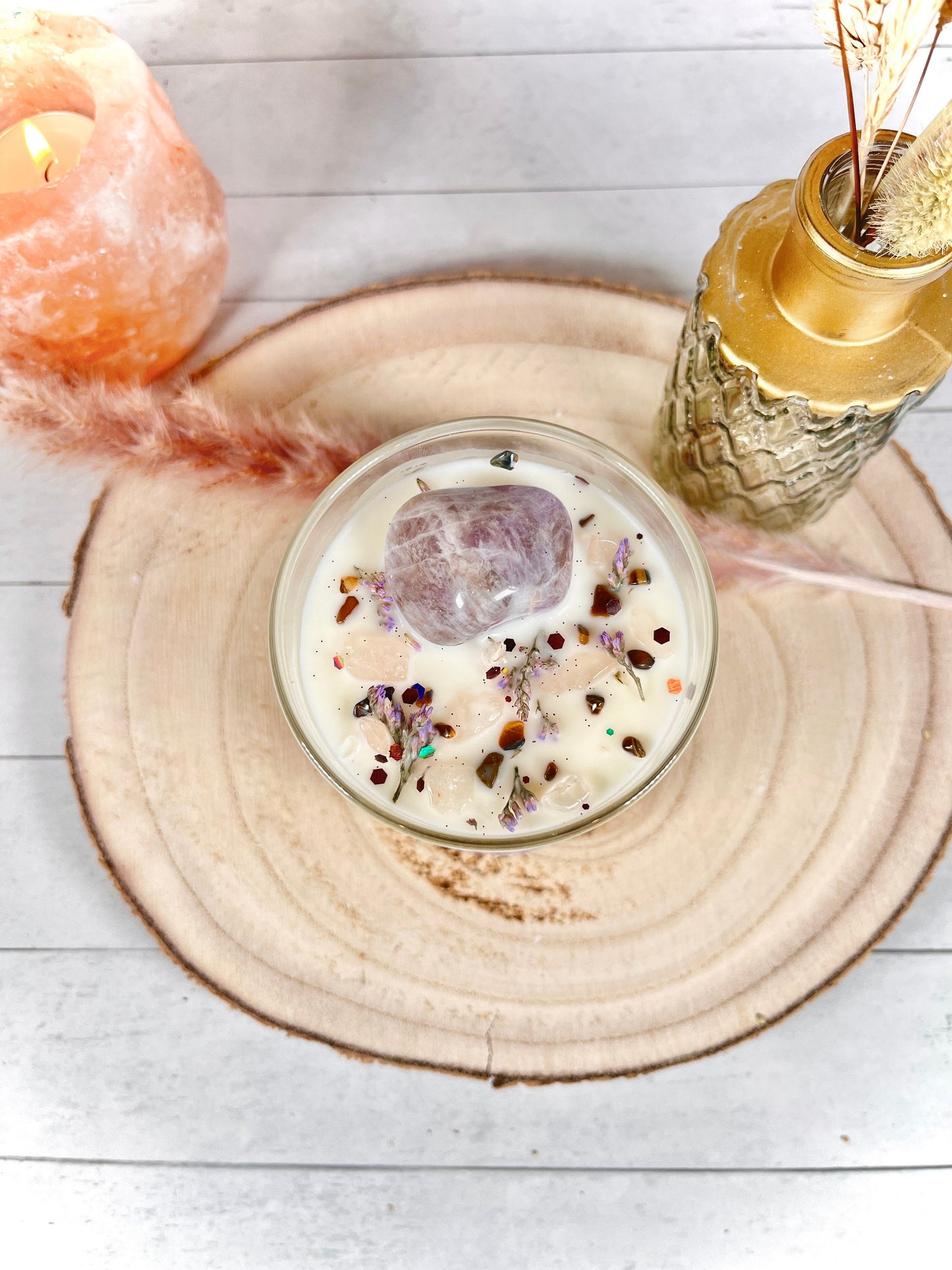 Duftkerze im Glas • Edelsteinkerze • Amethyst, Rosenquarz, Tigerauge • Sojawachskerze