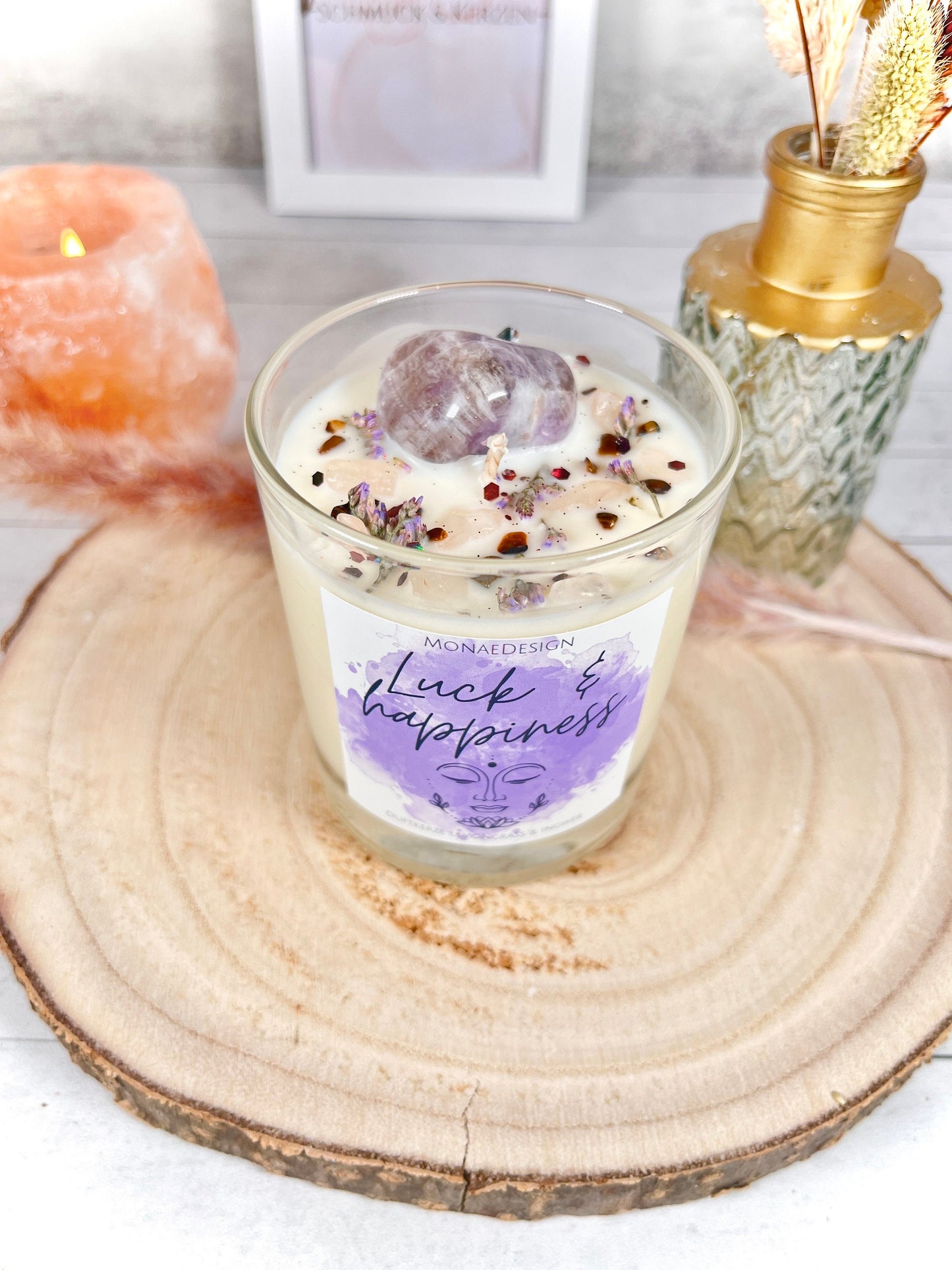 Duftkerze im Glas • Edelsteinkerze • Amethyst, Rosenquarz, Tigerauge • Sojawachskerze